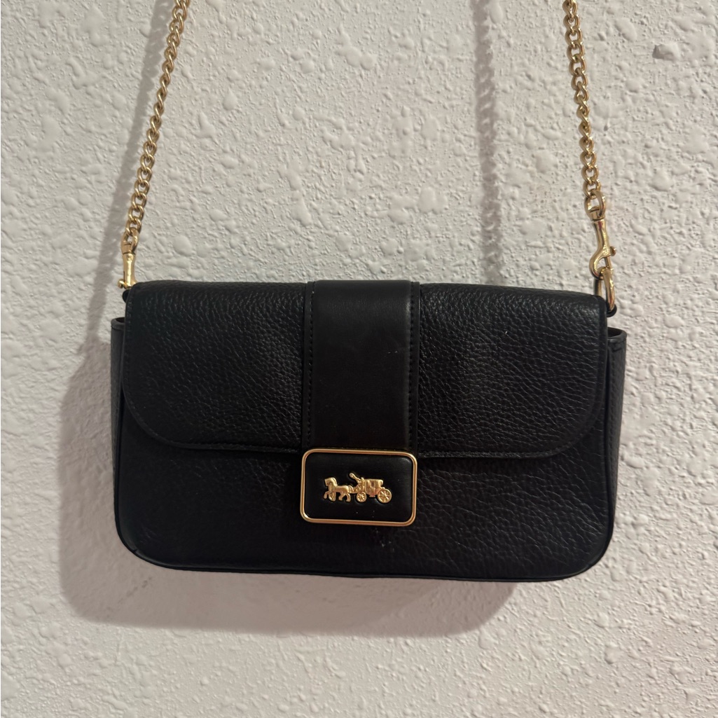 Coach Black And Brown Leather Clutch With Gold Chain